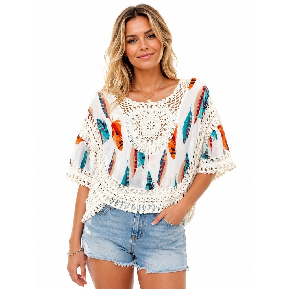 Crochet Bolero Shrug Cardigan Whimsical Boho S/M  Cream Feather Boho‎ Festival